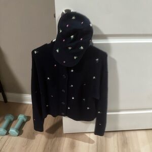 Navy Cardigan and Cap Set with Embroidered Accents